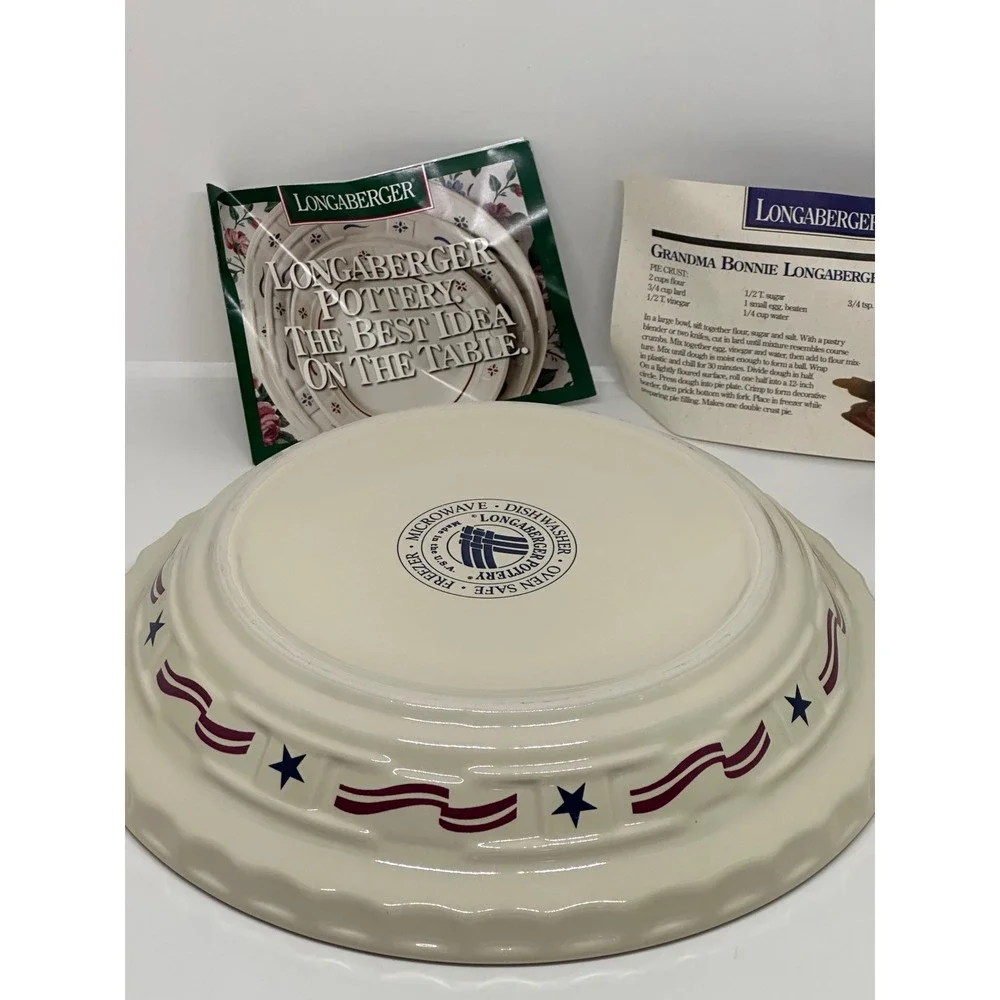 Longaberger All American Pie Plate Pottery Ivory Woven Stars Stripes Baking Dish